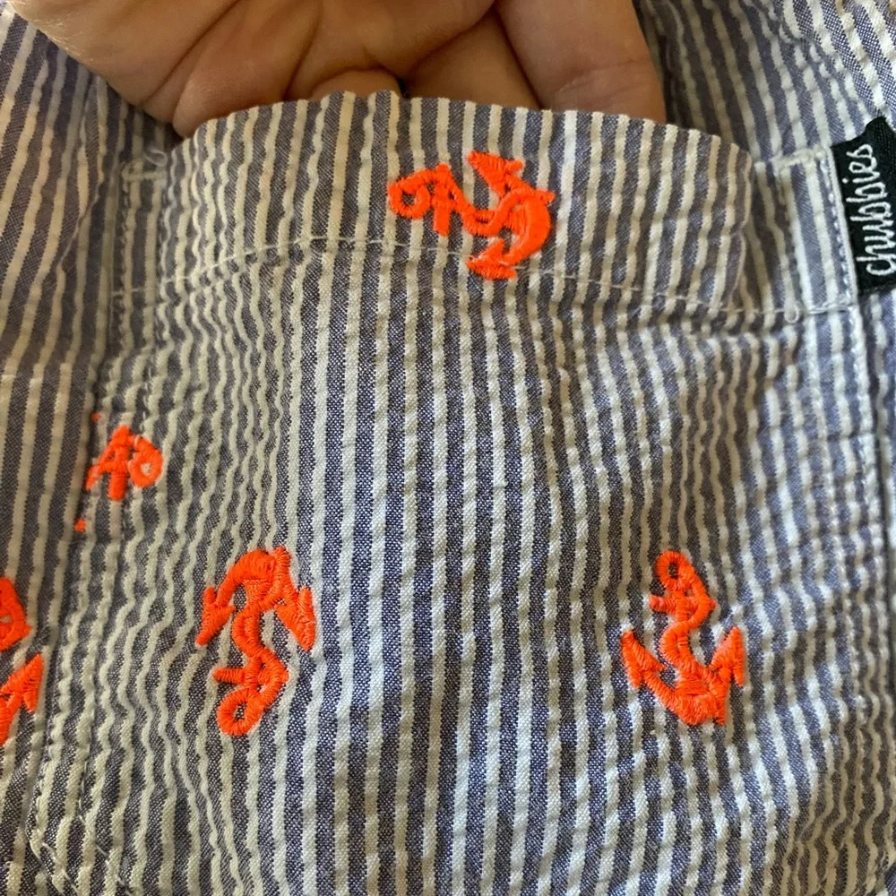 Chubbies Blue Seersucker 5.5” Inseam Swim Trunks with Orange Anchors, Size Small